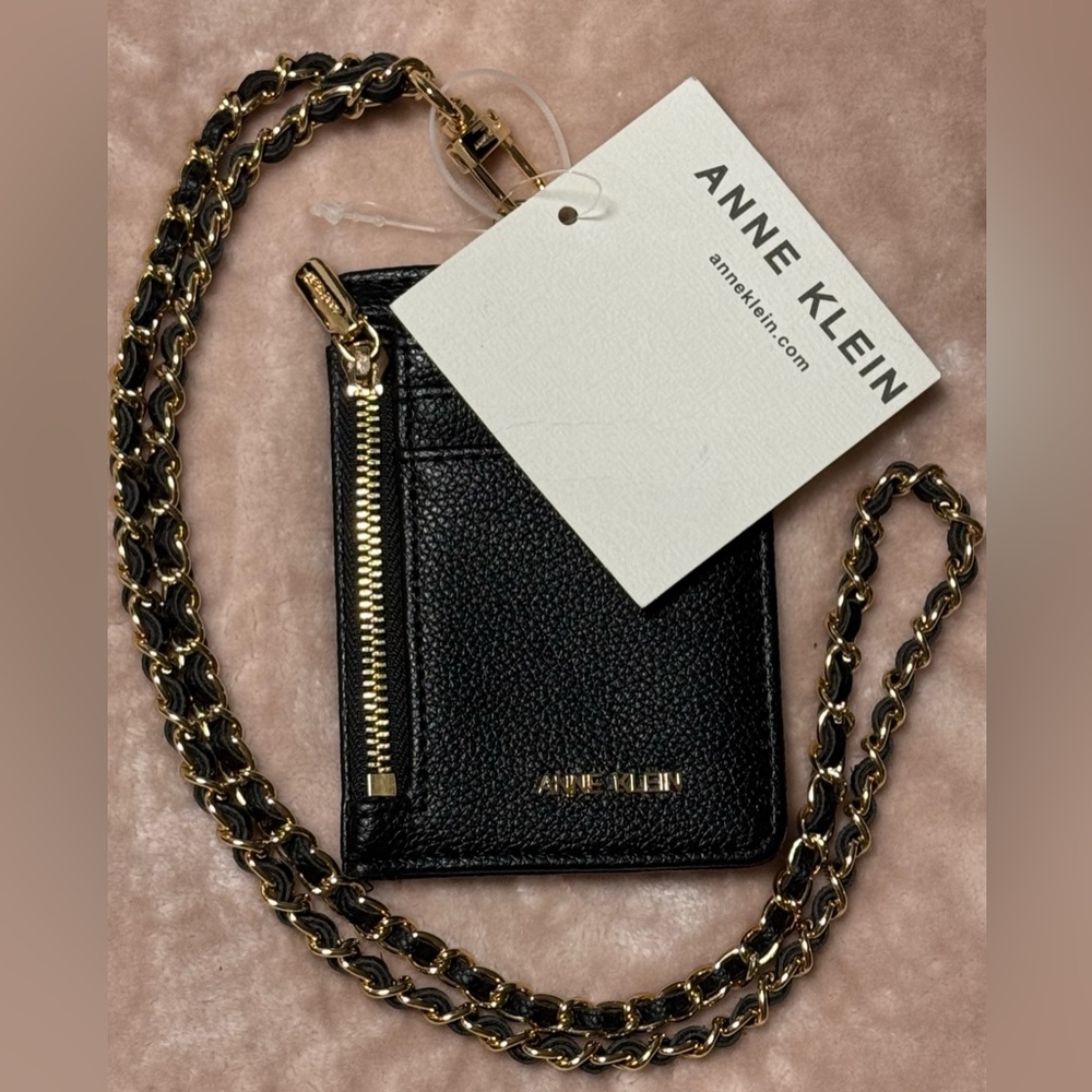ANNE KLEIN | Chain Lanyard Card Case Wallet | Black Gold NWT